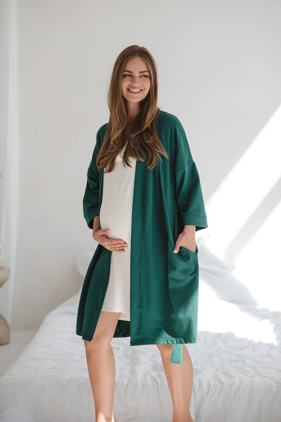 Халат за бременни Milk&amp;Love, бутилково зелен – памук с еластан, удобен, 7/8 ръкави