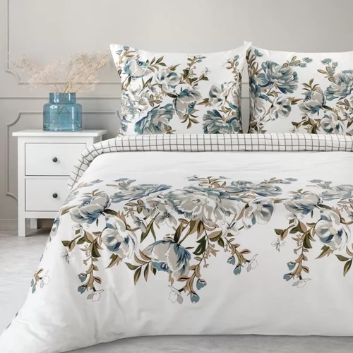 Пролет 40 Цветя спално бельо сатен евро пердета бяло/тюркоаз